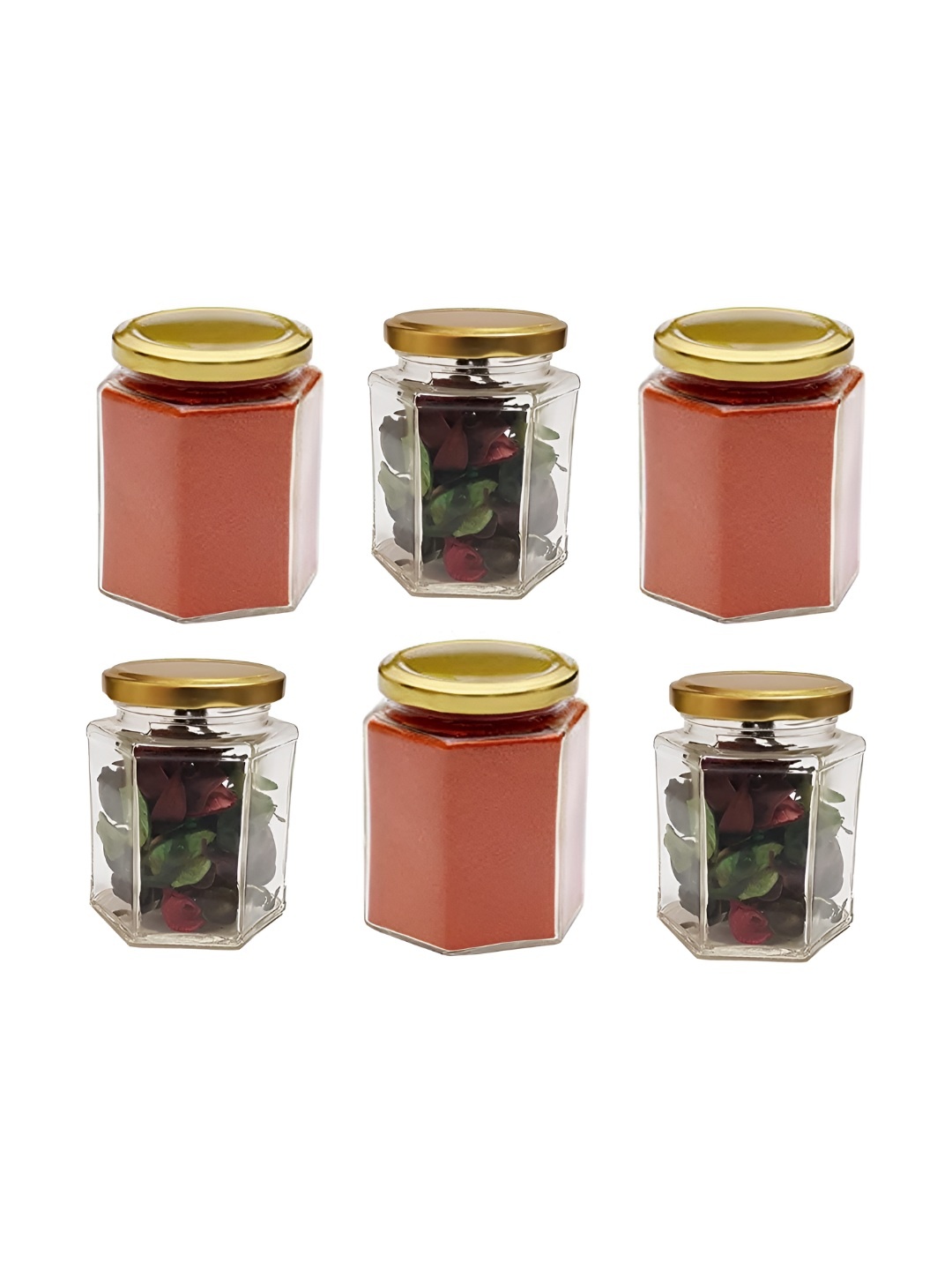 

CROCO JAR Transparent and GoldToned 6 Pieces Hexa Storage Glass Jars 250 ml each