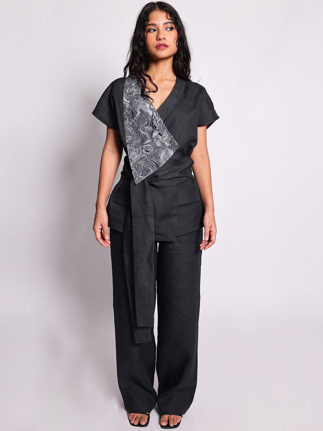 

Arya Giri Printed Wrap Around Linen Top & Trousers, Charcoal