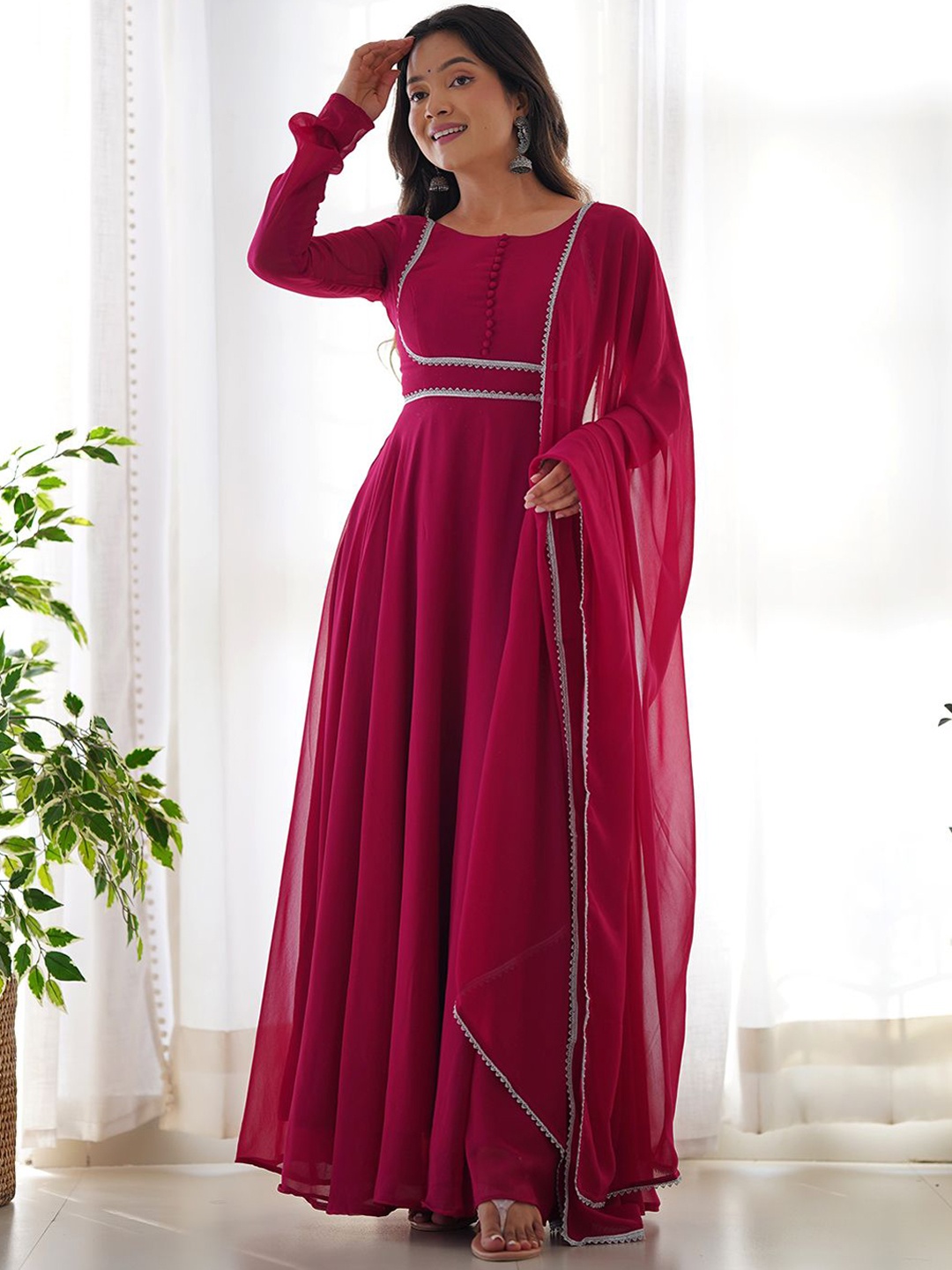 

ZIBLON Georgette Anarkali Kurta with Trousers & Dupatta, Pink