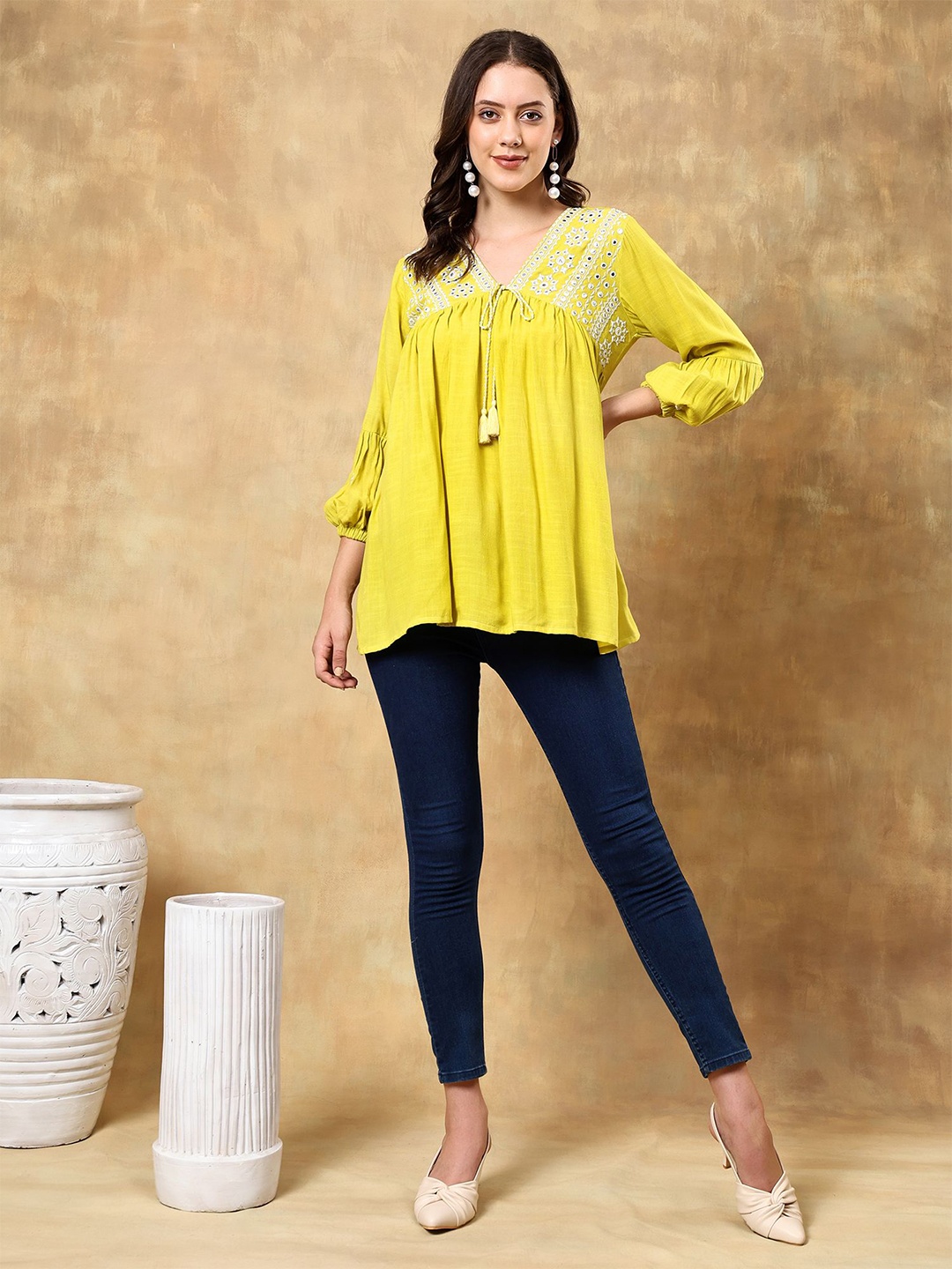 

ANGITA Women Floral Printed Embroidered V-Neck Top, Lime green