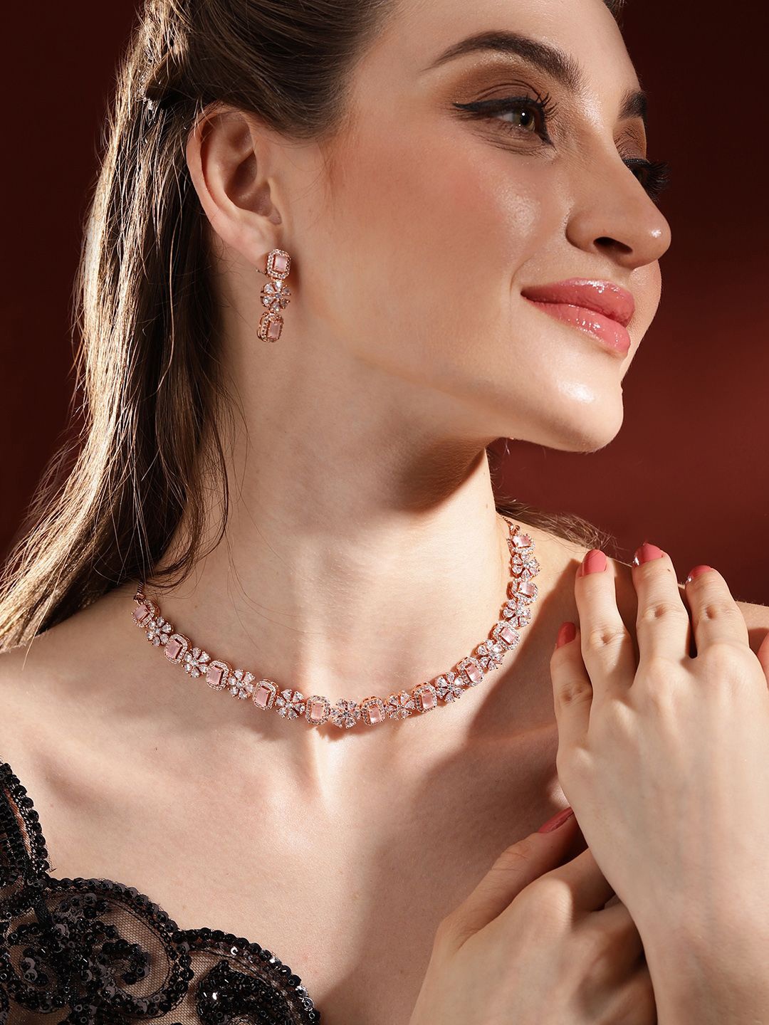 

Priyaasi Rose Gold-Plated American Diamond Studded Jewellery Set