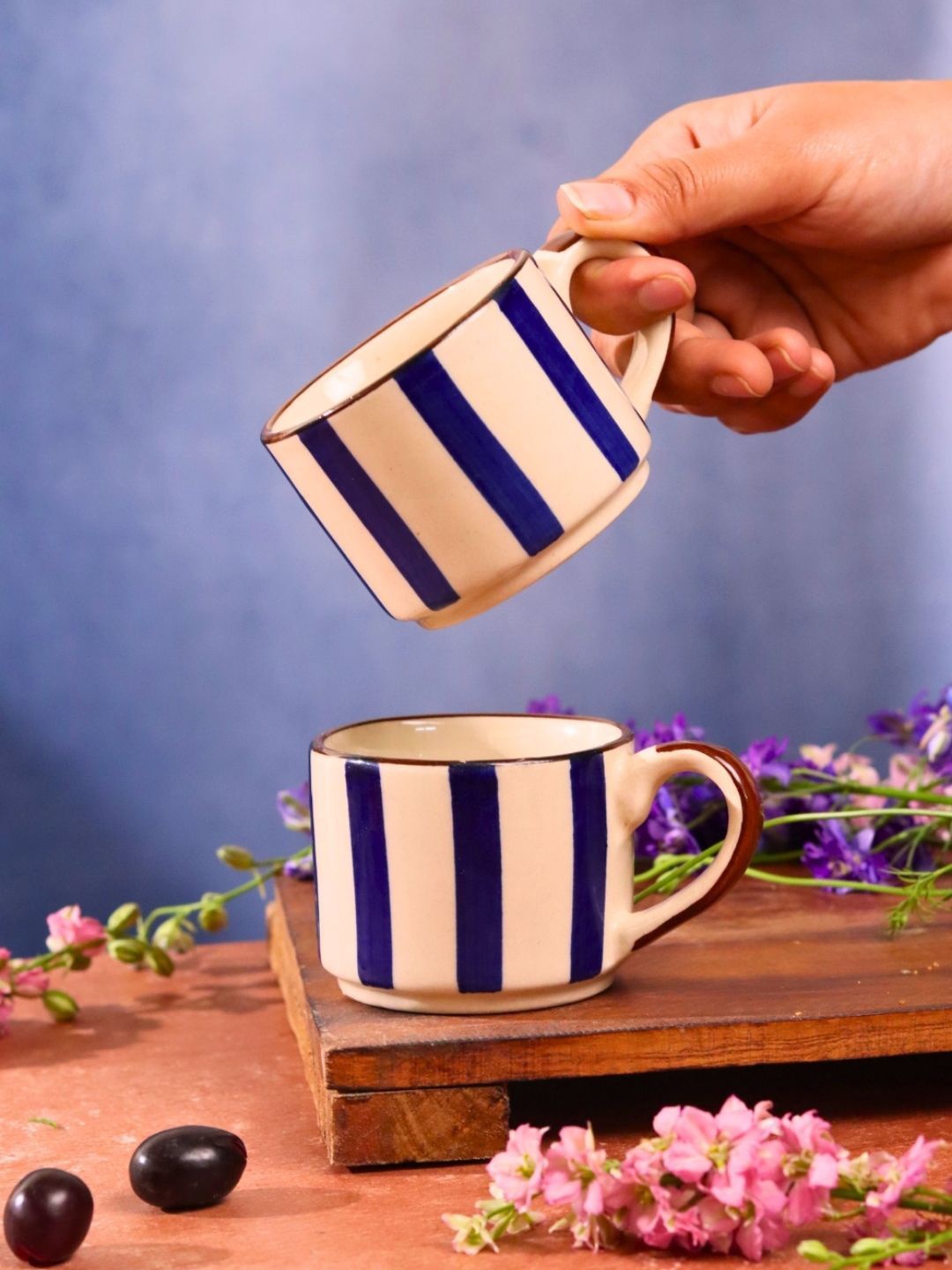 

WEAVING HOMES White & Blue 2 Pieces Striped Ceramic Glossy Cups 160 ml Each