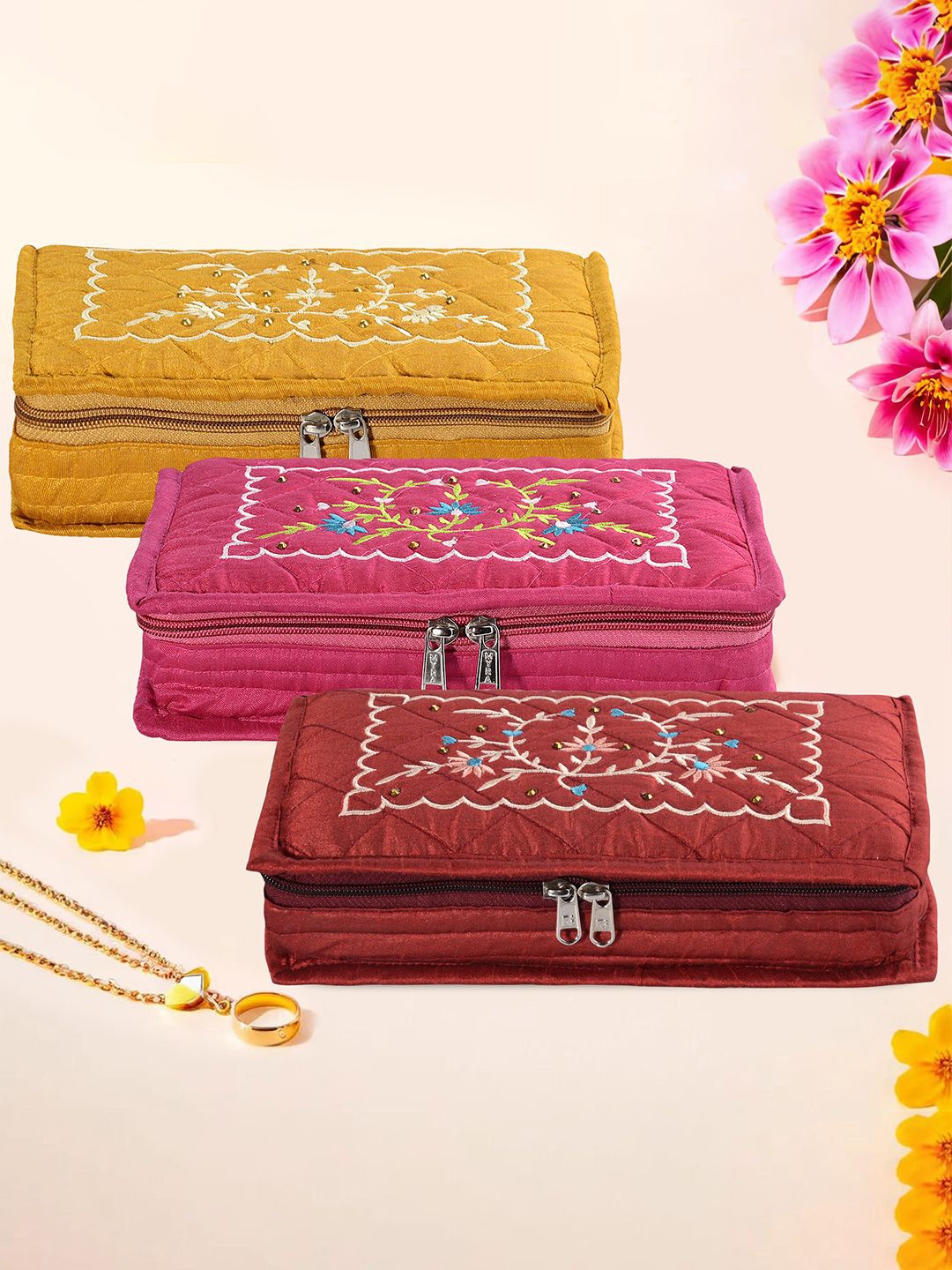 

Kuber Industries Yellow & Pink 3 Pieces Embroidered Jewellery Organisers