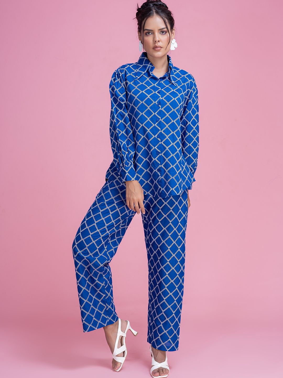 

Lounge Dreams Embroidered Pure Cotton Schiffli Shirt & Trouser, Navy blue