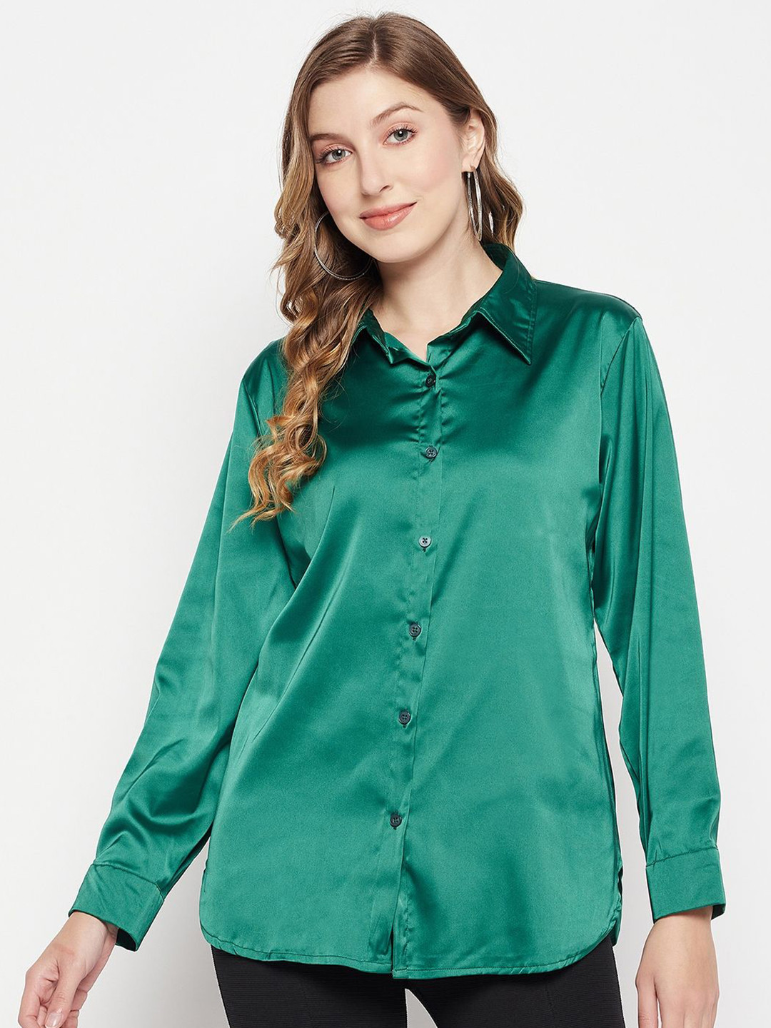

Murcia Women Spread Collar Solid Casual Shirt, Green