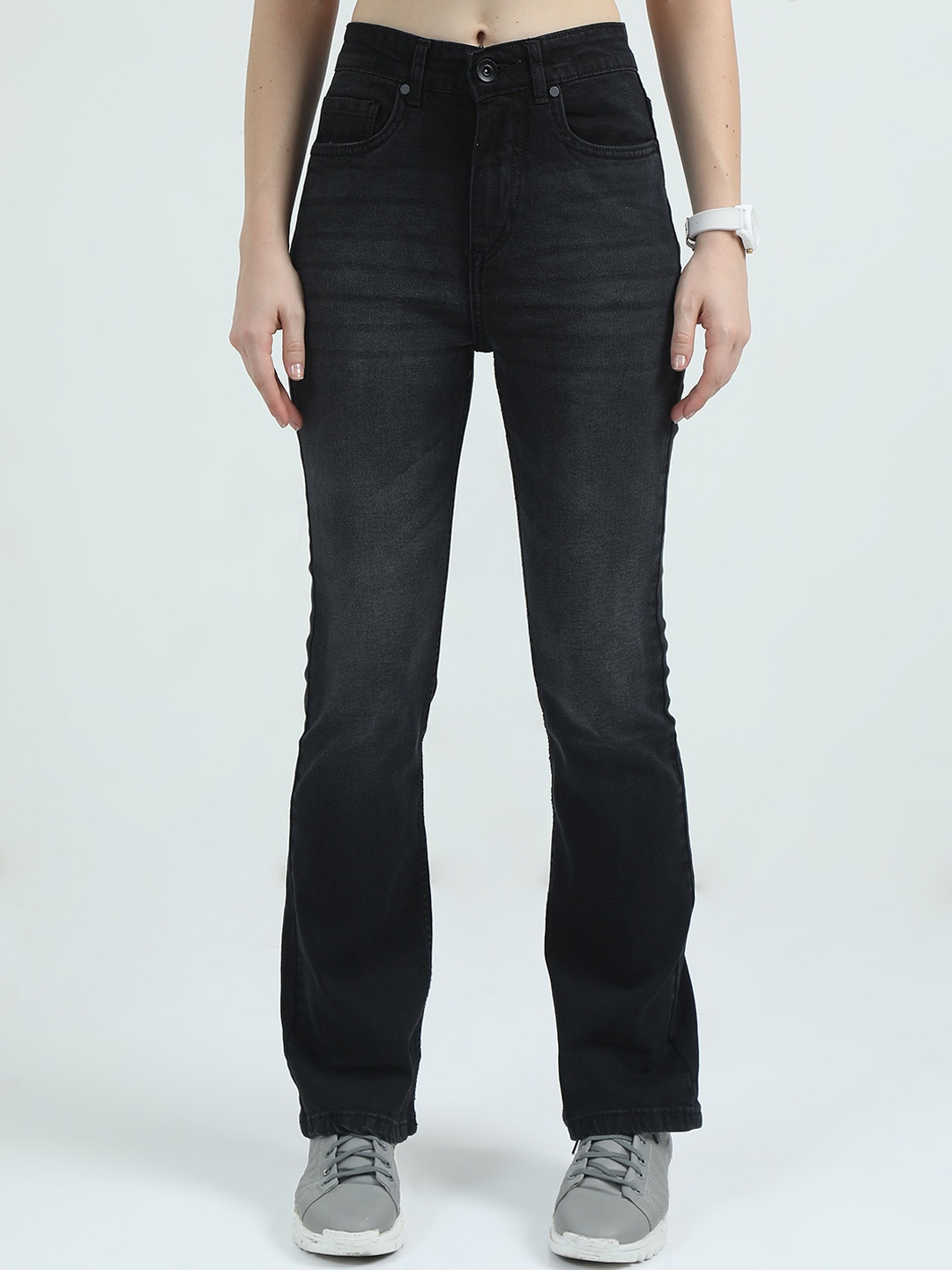 

Mast & Harbour Women Comfort Bootcut High-Rise Light Fade Stretchable Jeans, Black