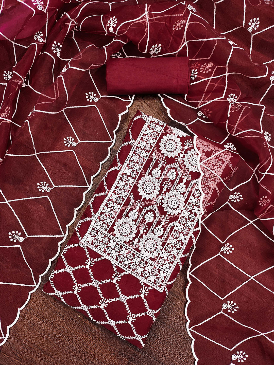 

MANVAA Floral Embroidered Organza Unstitched Dress Material, Maroon