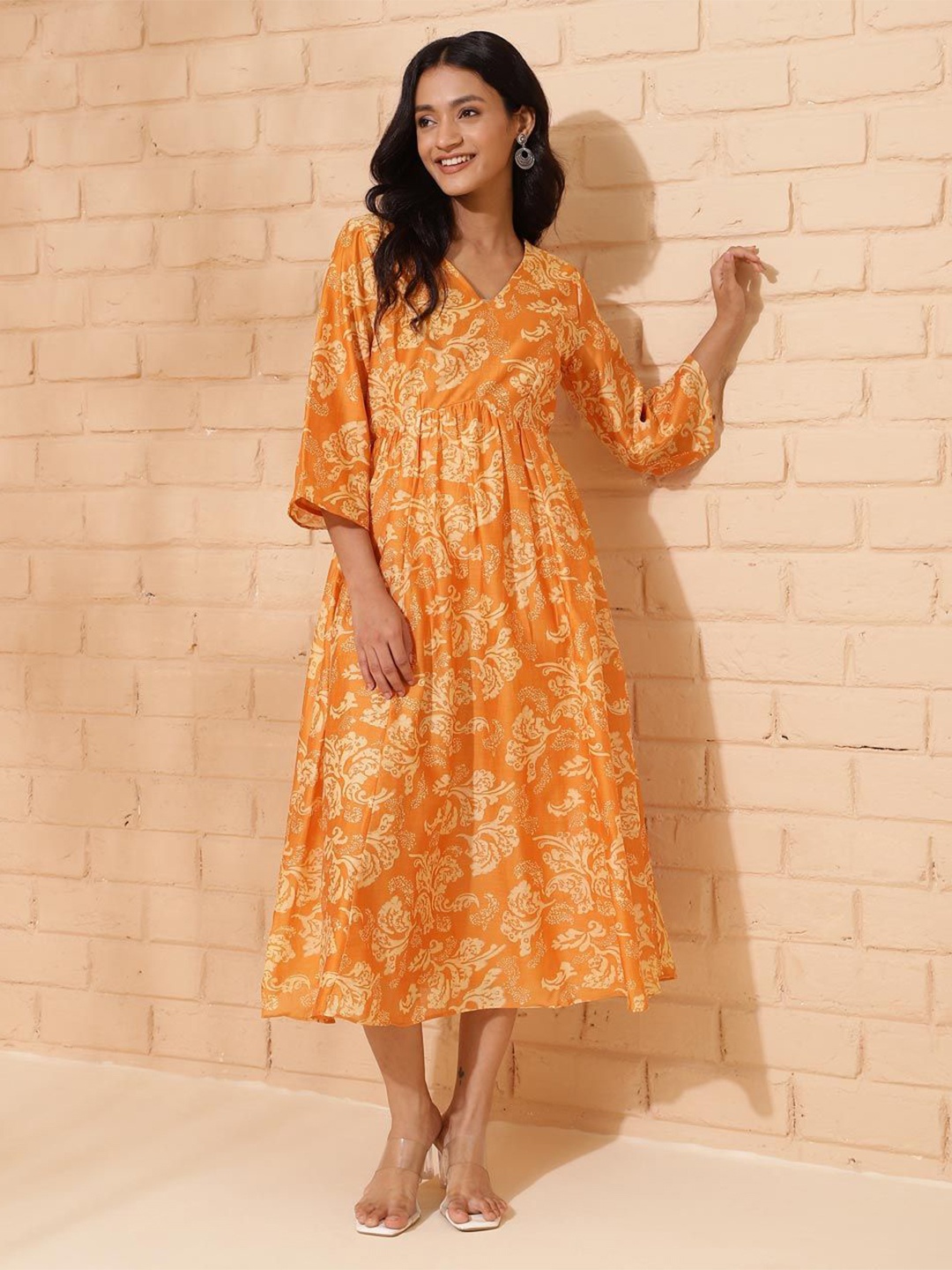 

Fabindia Floral Printed V-Neck Midi Fit & Flare Dress, Yellow