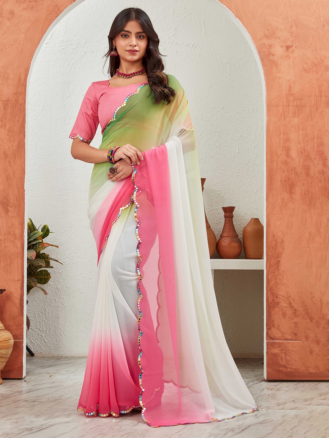 

Globon Impex Ombre Mirror Work Pure Georgette Saree, Pink