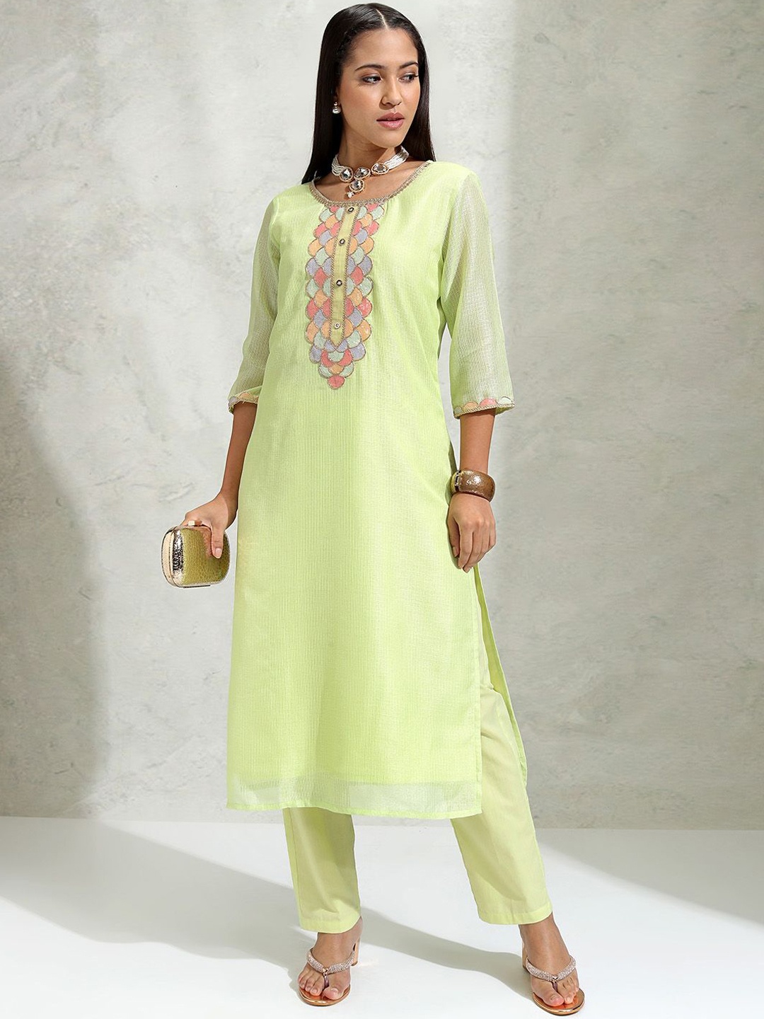 

Vishudh Lime Green Geometric Yoke Design round Neck Sequinned Kurta With Trousers