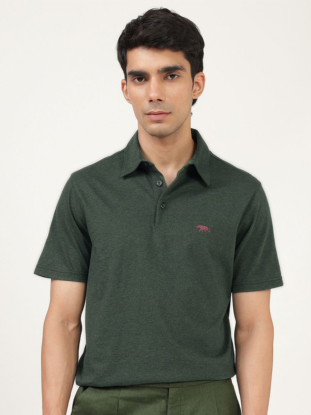 

Andamen Men Solid Polo Collar Cotton T-shirt, Green