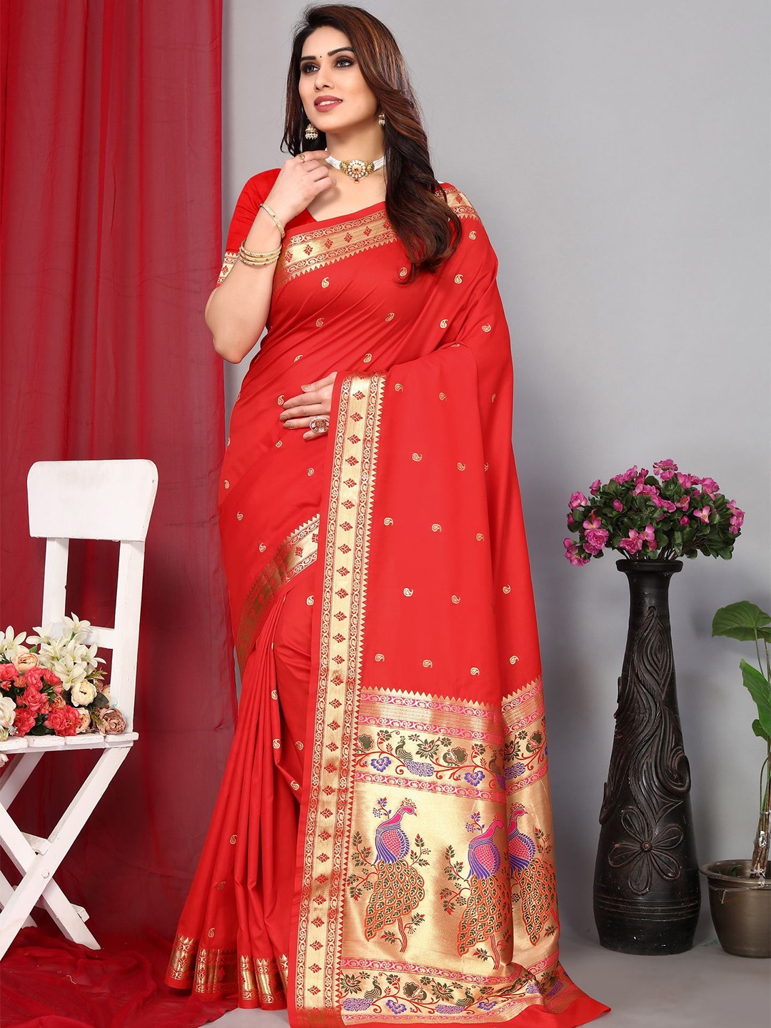 

Divyadham Textiles Ethnic Motifs Zari Pure Silk Paithani Saree, Red