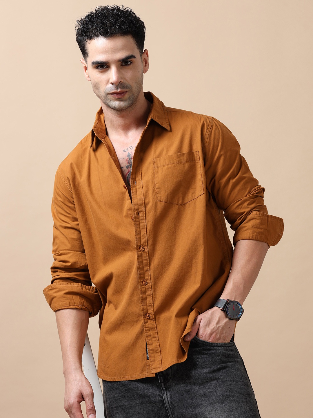 

SILISOUL Men Classic Spread Collar Solid Cotton Casual Shirt, Brown