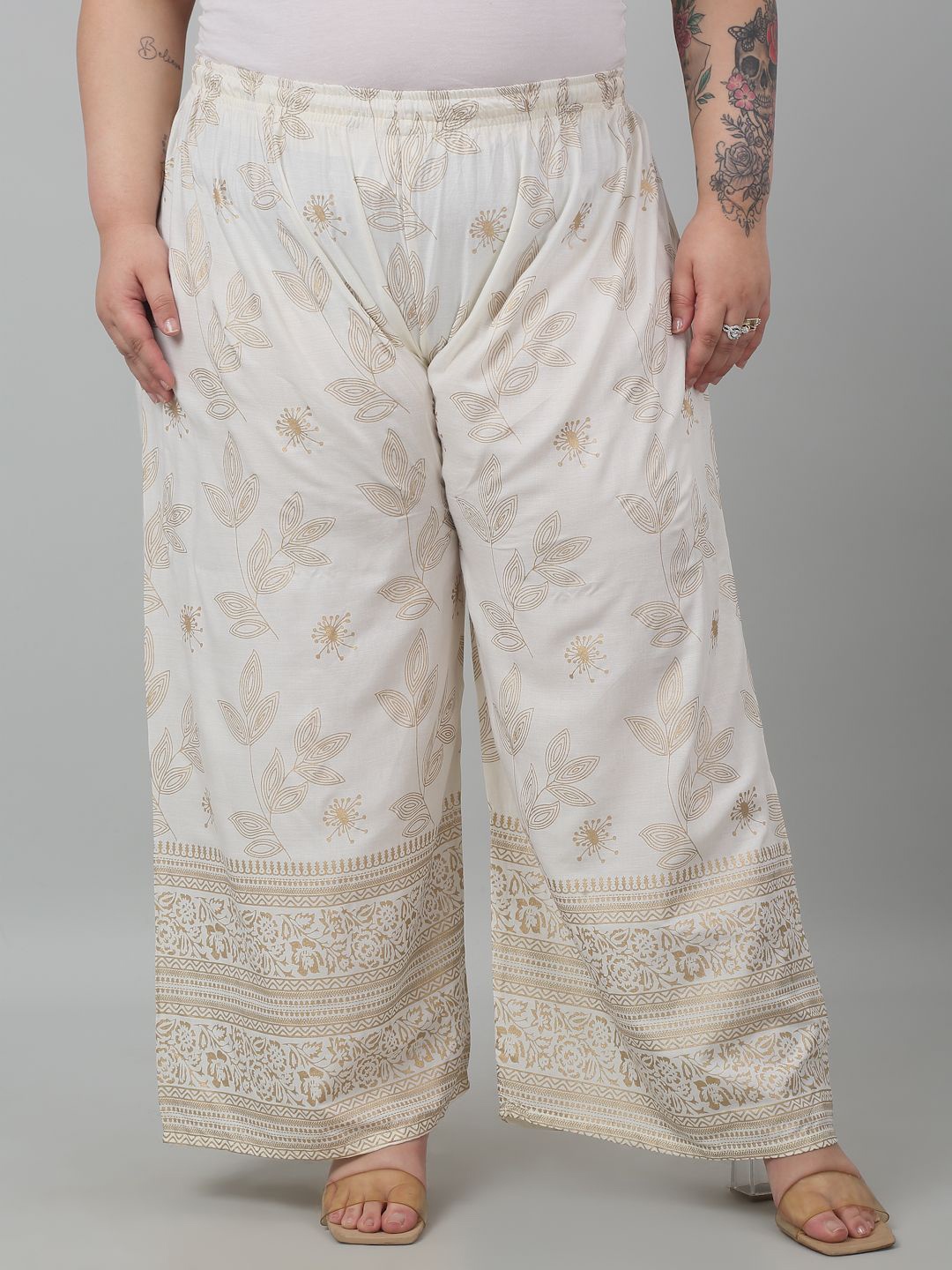 

Trend Level Women Ethnic Motifs Printed Flared Knitted Palazzos, Cream