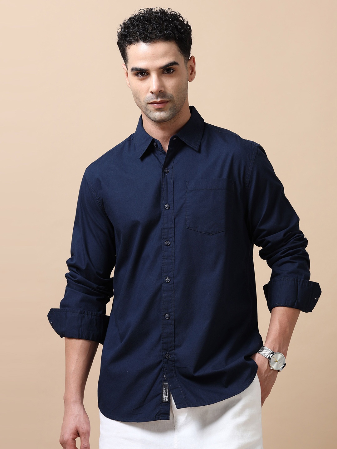 

SILISOUL Men Classic Spread Collar Solid Cotton Relaxed Fit Casual Shirt, Navy blue