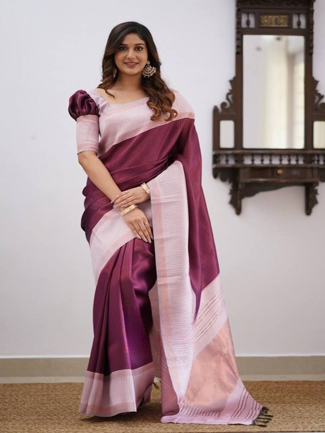 

SANJANA SILK Checked Zari Kota Saree, Magenta