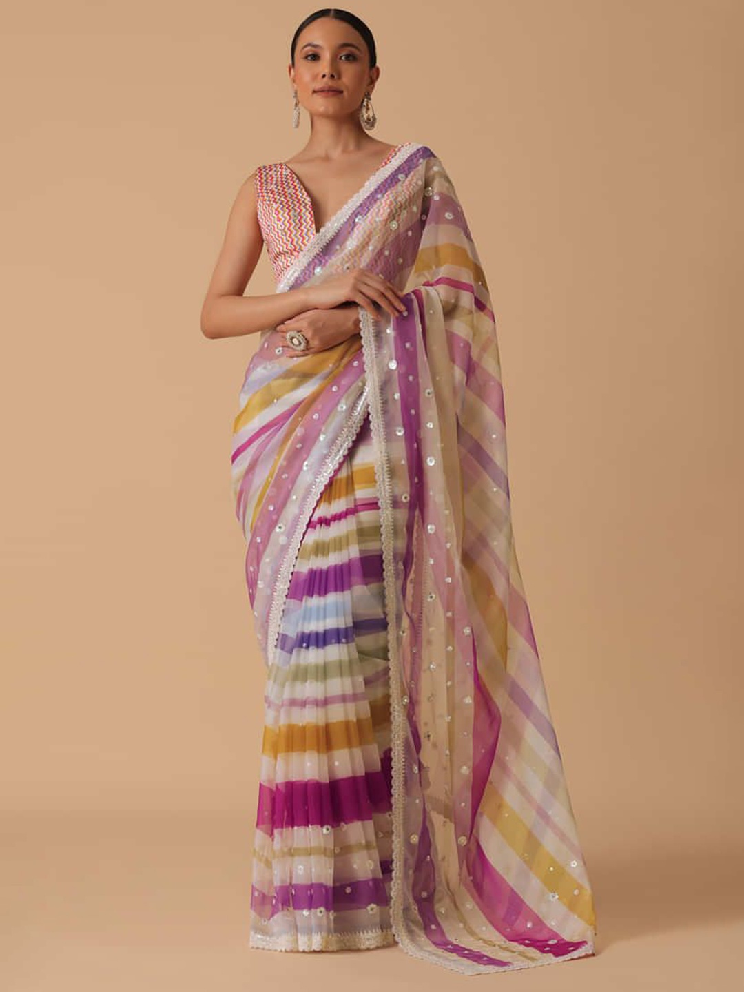 

AWRIYA Striped Sequinned Saree, Pink