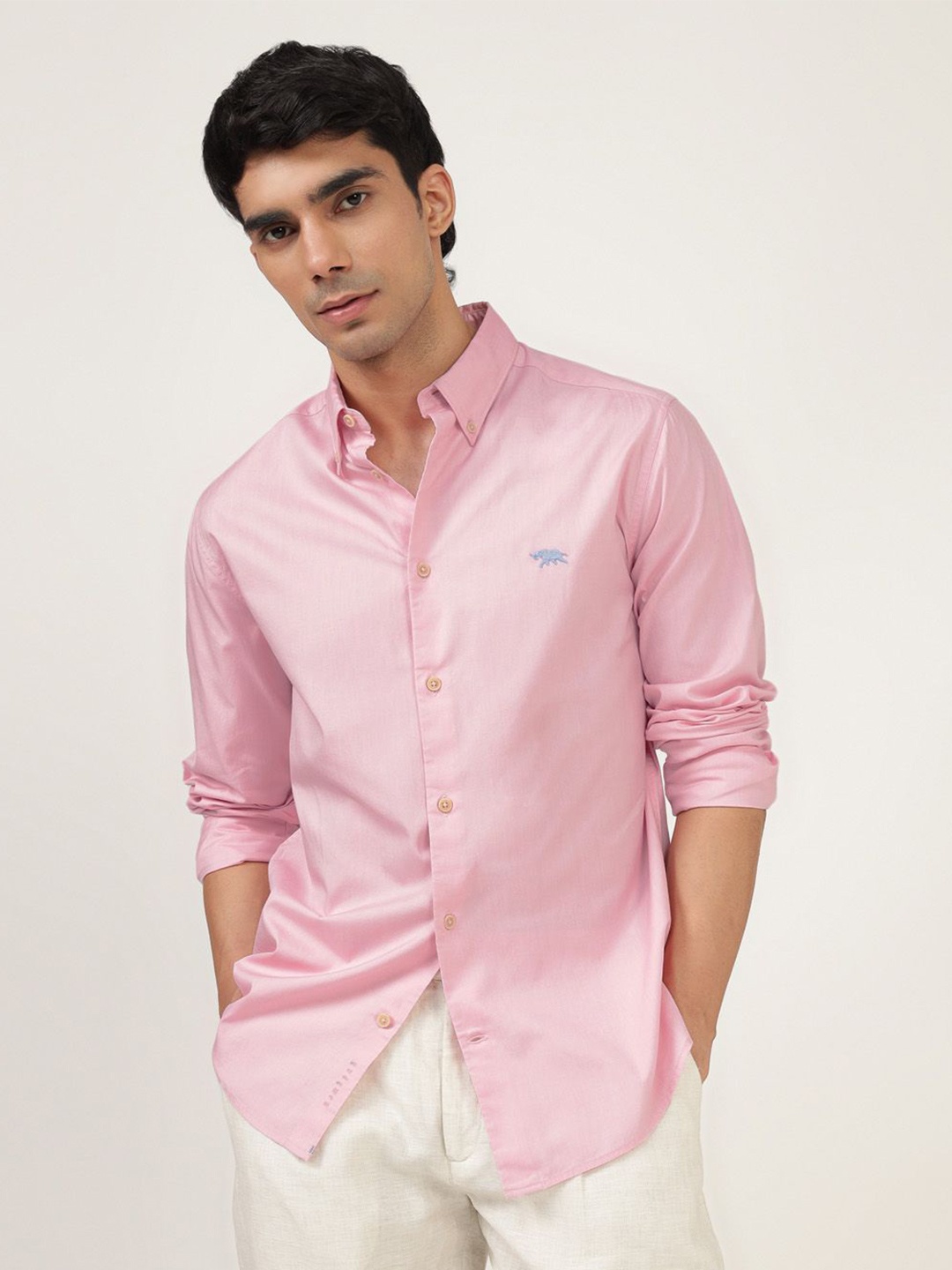 

Andamen Men Premium Button-Down Collar Solid Cotton Casual Shirt, Pink