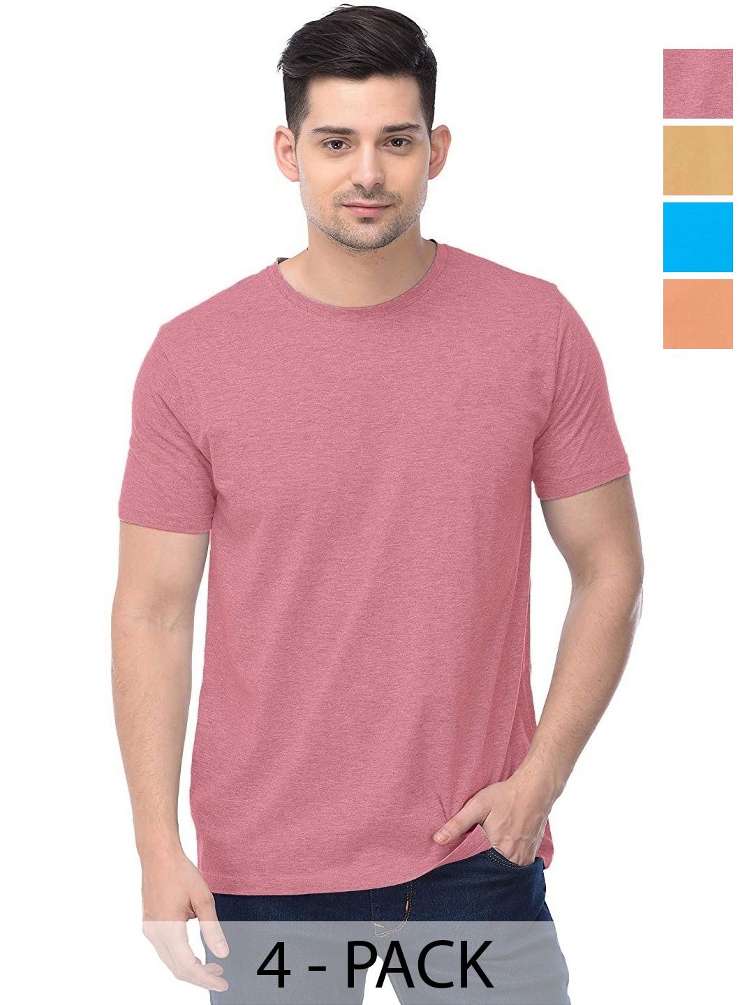 

COLOR CAPITAL Unisex Pack Of 4 Solid Round Neck Cotton T-shirts, Pink