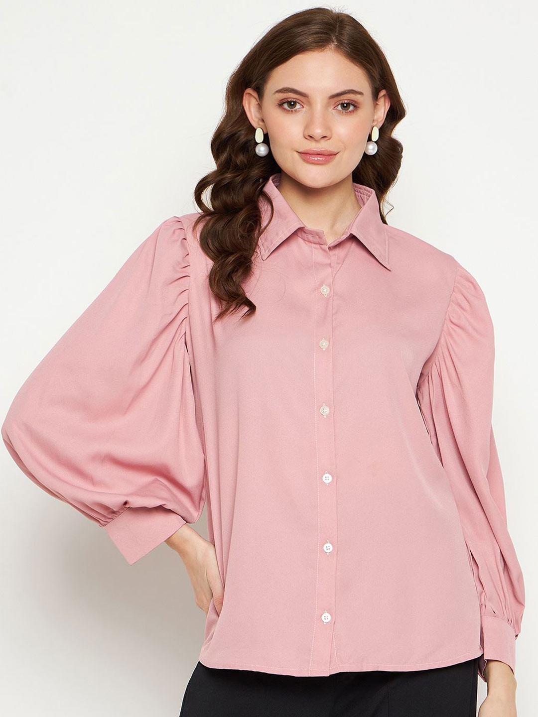 

Murcia Women Spread Collar Solid Crepe Casual Shirt, Pink