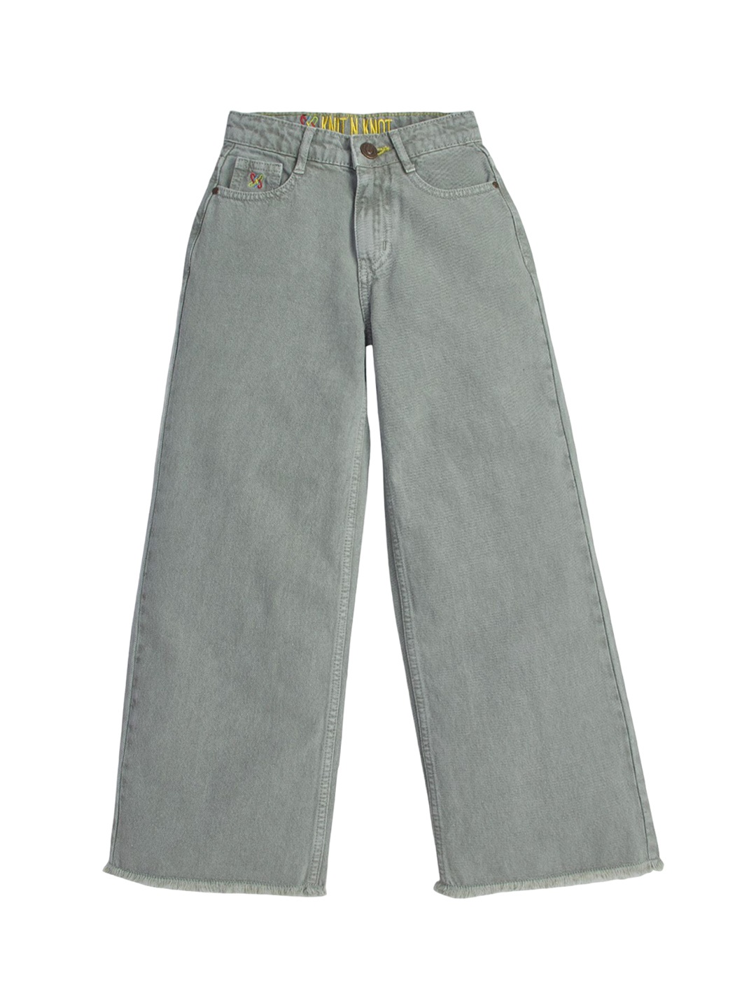 

Knit N Knot Girls Flared High-Rise Wide Jeans with Fringes, Grey