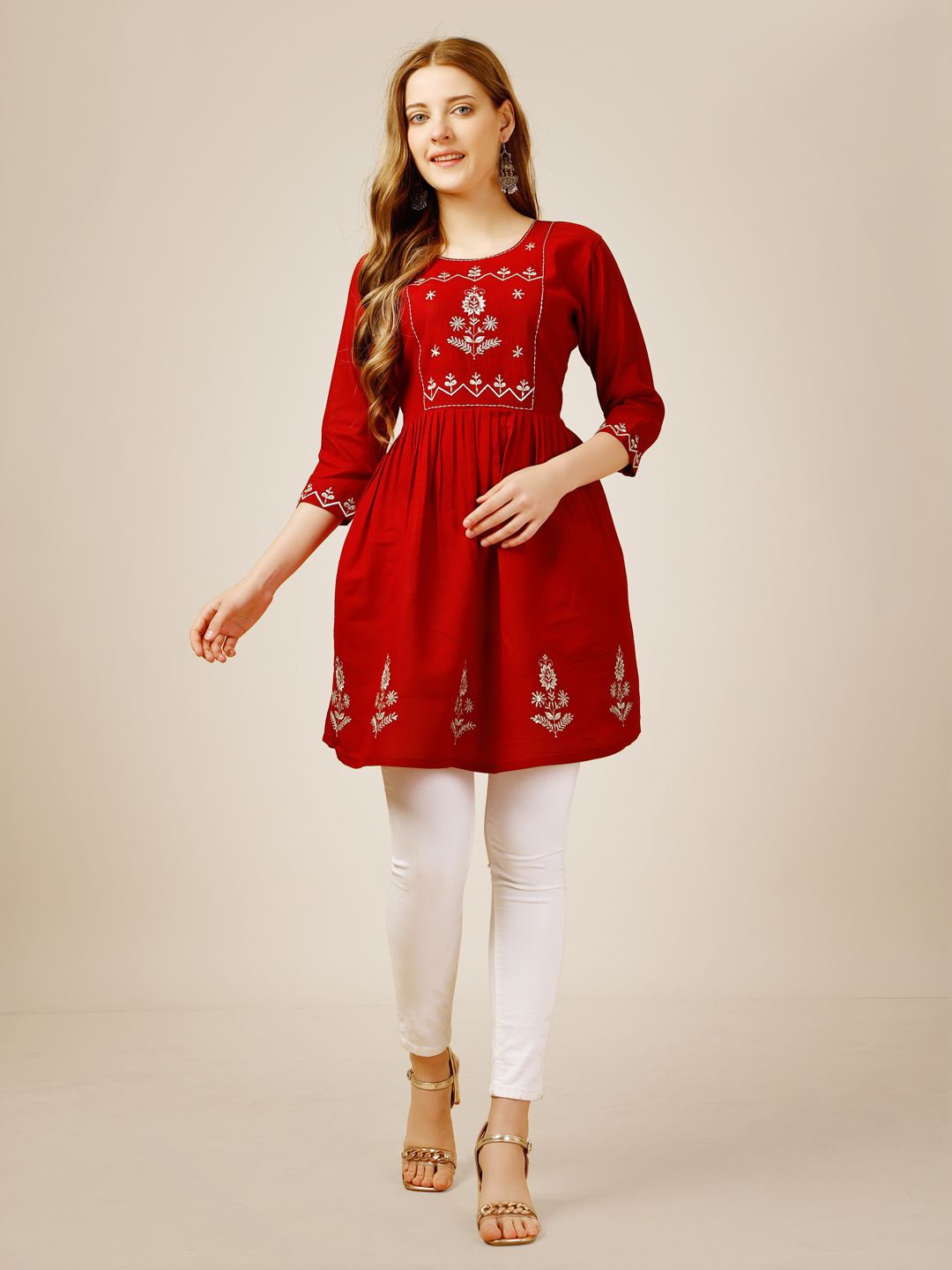 

WILNERCROWN Women Ethnic Motifs Round Neck Top, Red