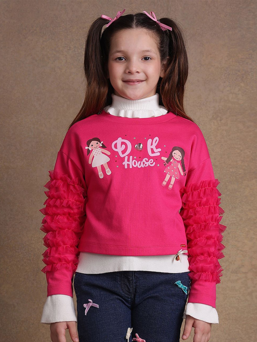 

One Friday Girls Graphic Printed High Neck Cotton Top, Pink