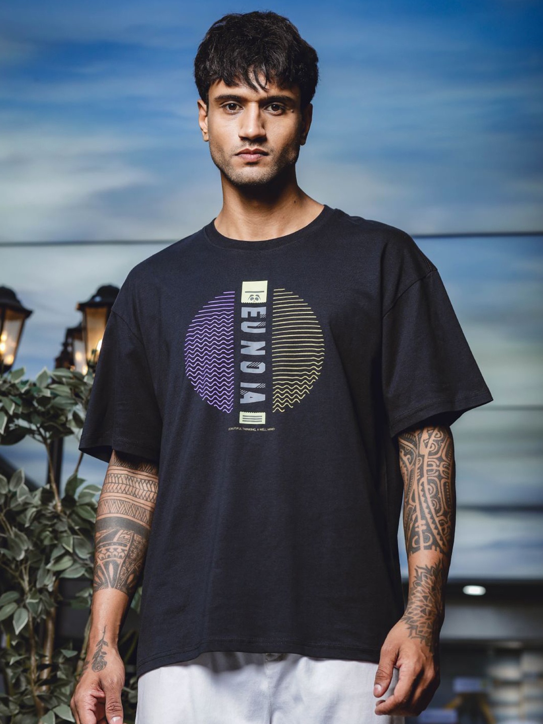 

ONE SKY Men Typography Printed Round Neck Cotton Oversized T-shirt, Black