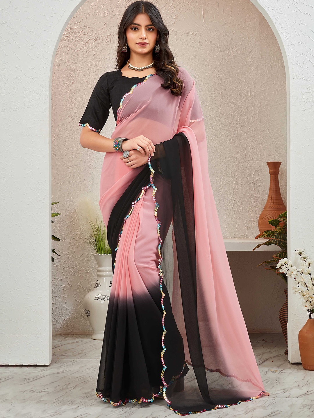 

Globon Impex Ombre Sequinned Pure Georgette Saree, Black