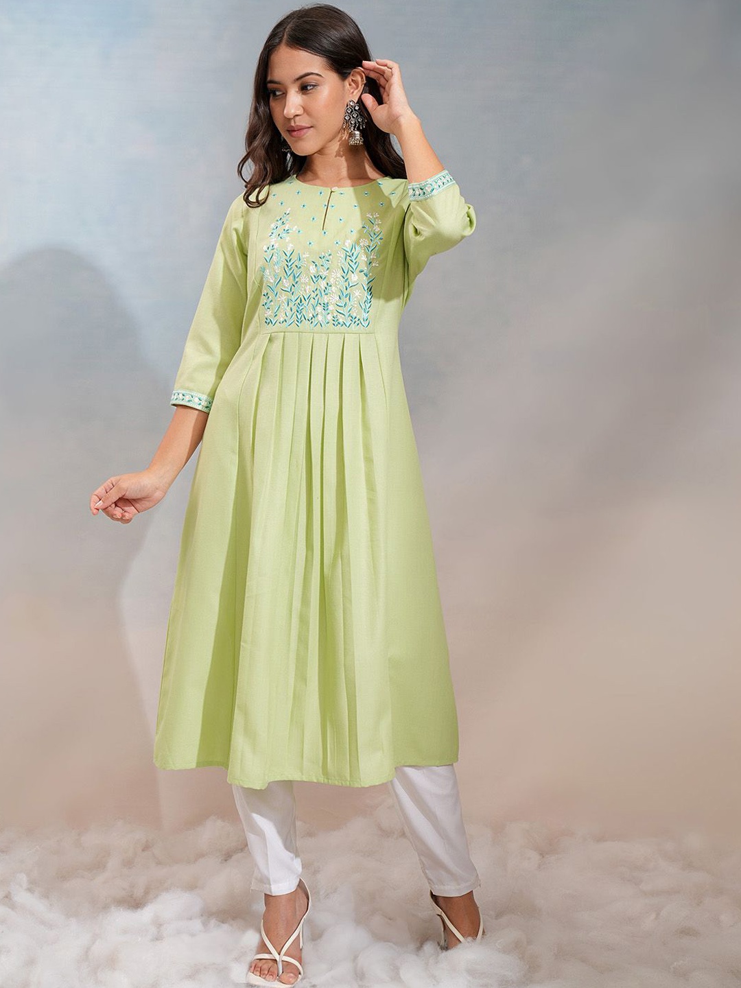 

Vishudh Floral Yoke Design Thread Work A-Line Kurta, Green