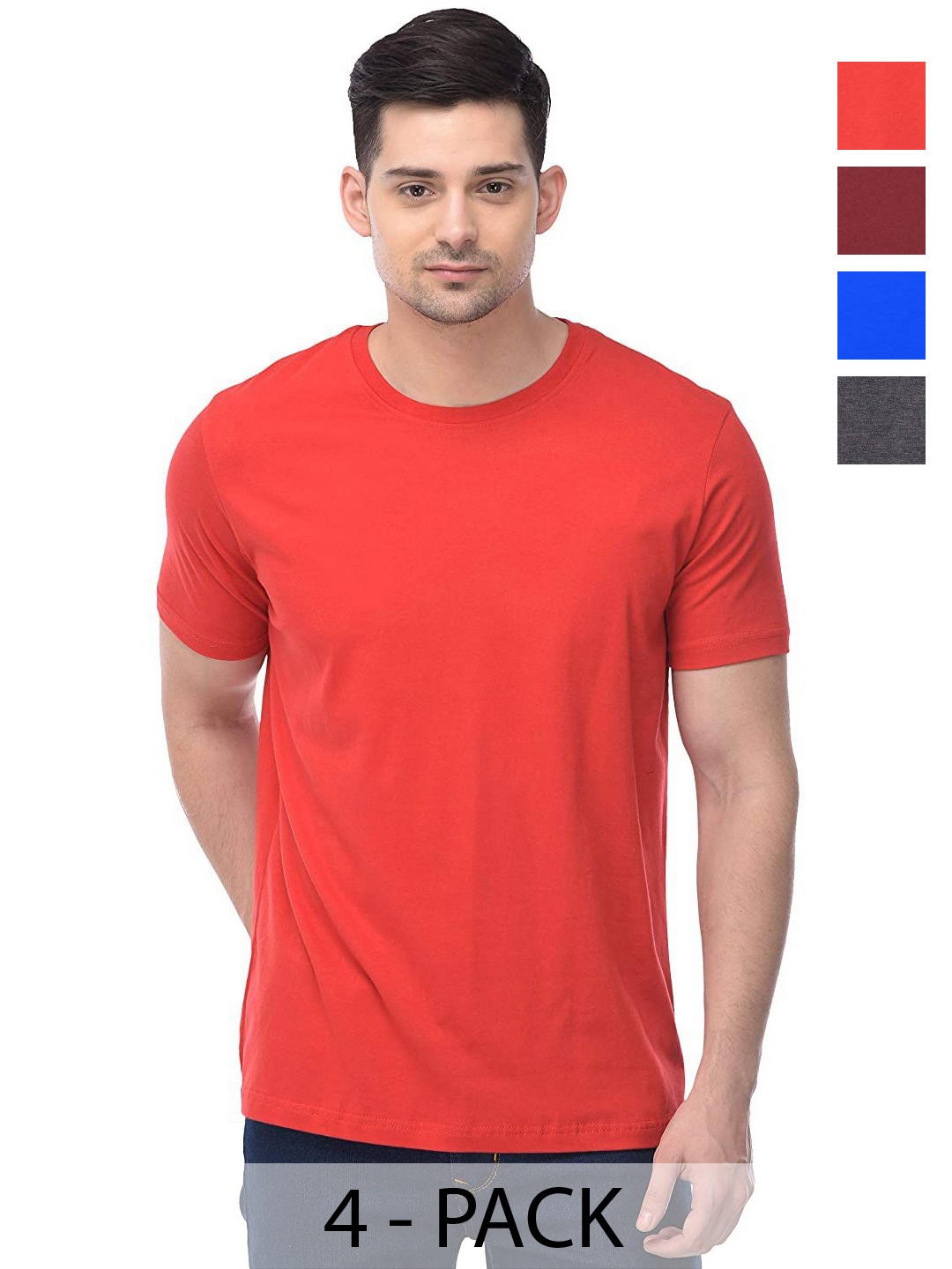 

COLOR CAPITAL Unisex Pack Of 4 Solid Round Neck Cotton T-shirts, Red