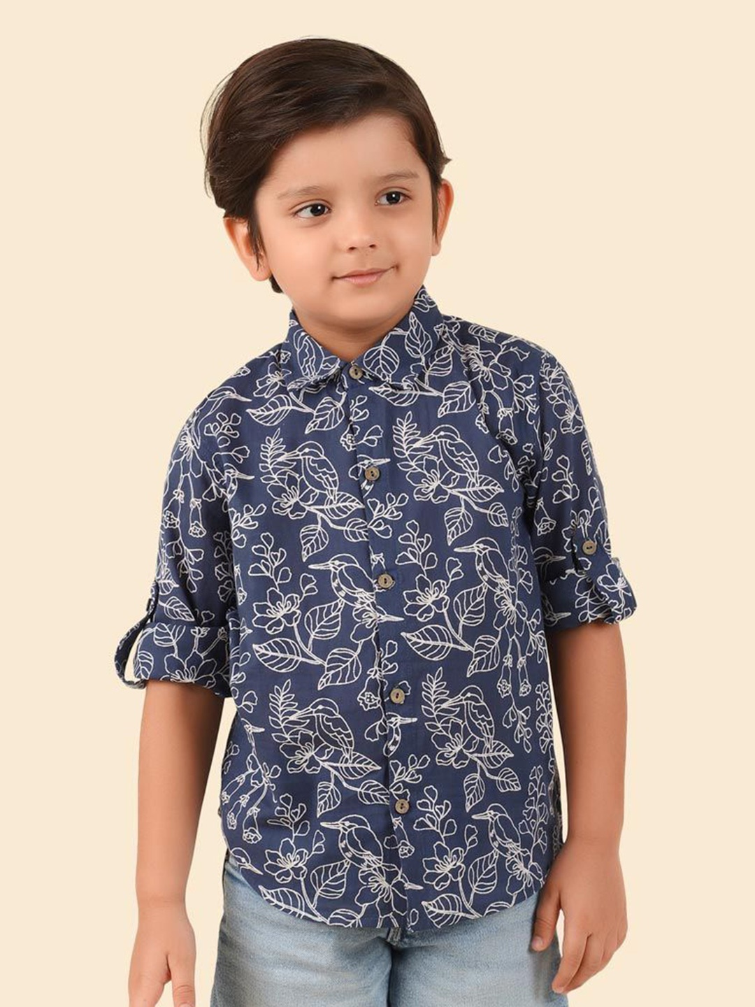 

Fabindia Boys Spread Collar Floral Printed Cotton Casual Shirt, Blue