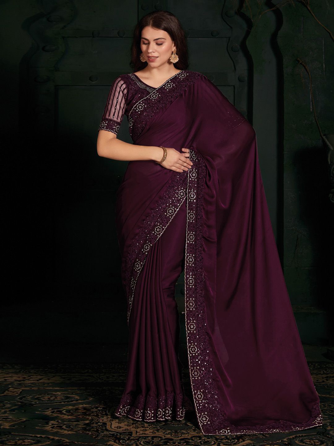 

Anouk Beads and Stones Embellished Satin Saree, Burgundy