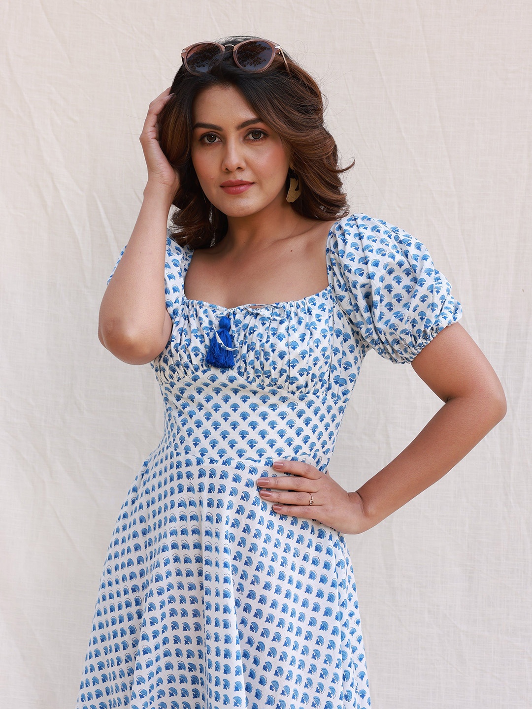 

MOONSTRUCK Polka Dot Print Puff Sleeve Fit & Flare Dress, Blue