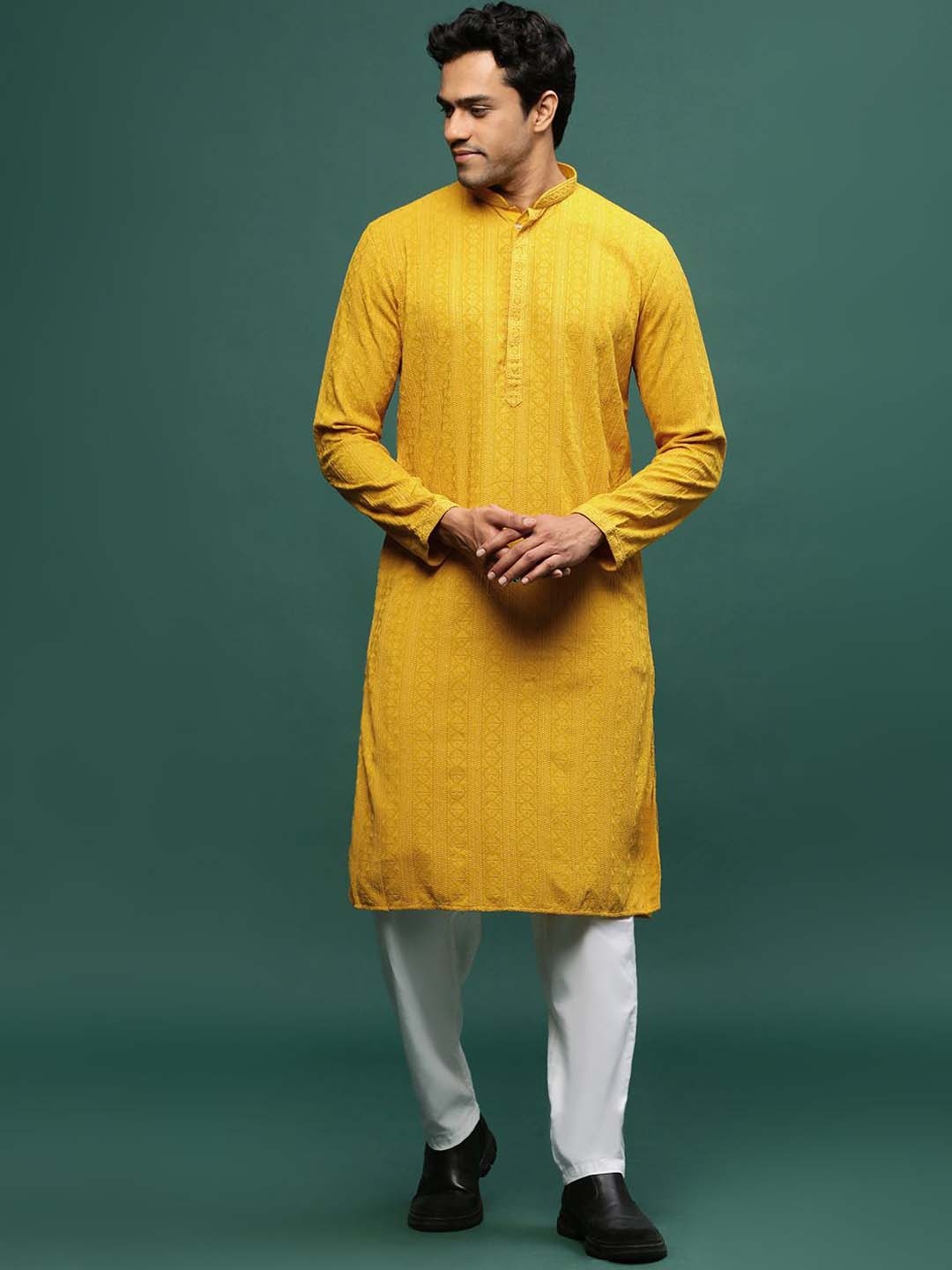 

Sangria Mustard Yellow Geometric Embroidered Chikankari Straight Kurta With Patiala