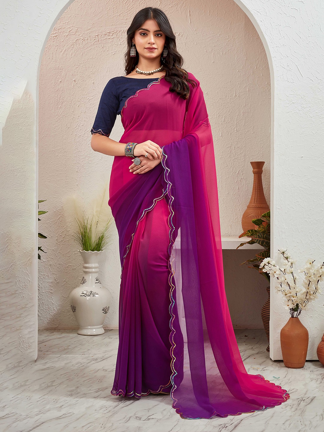 

Globon Impex Ombre Sequinned Pure Georgette Saree, Pink