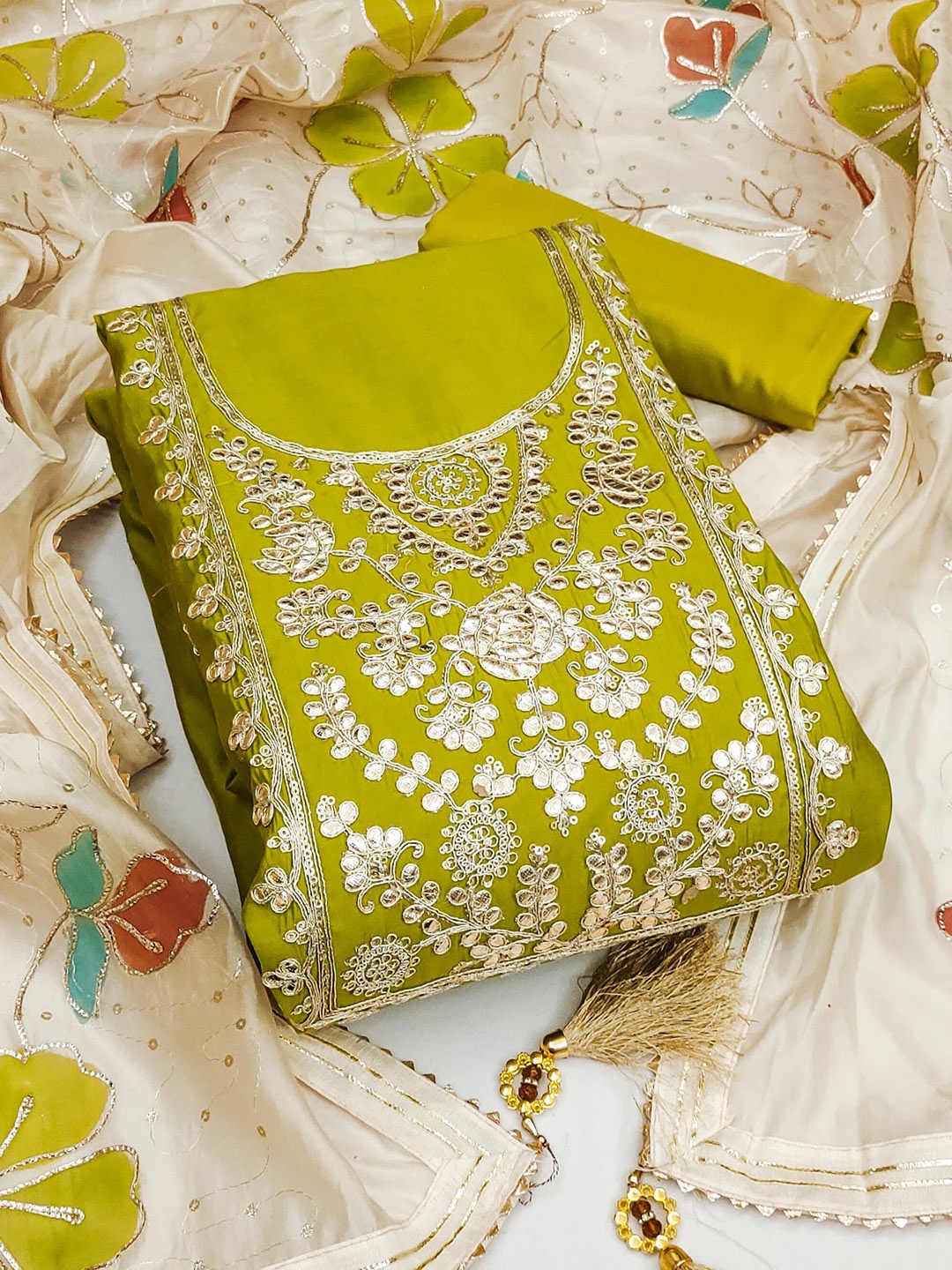

MANVAA Embellished Zari Unstitched Dress Material, Lime green