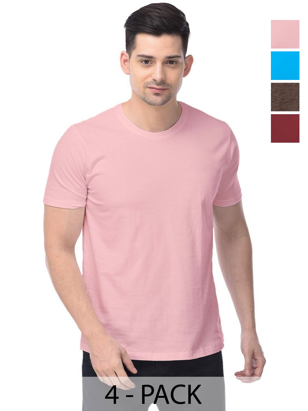 

COLOR CAPITAL Unisex Pack Of 4 Solid Round Neck Cotton T-shirts, Pink