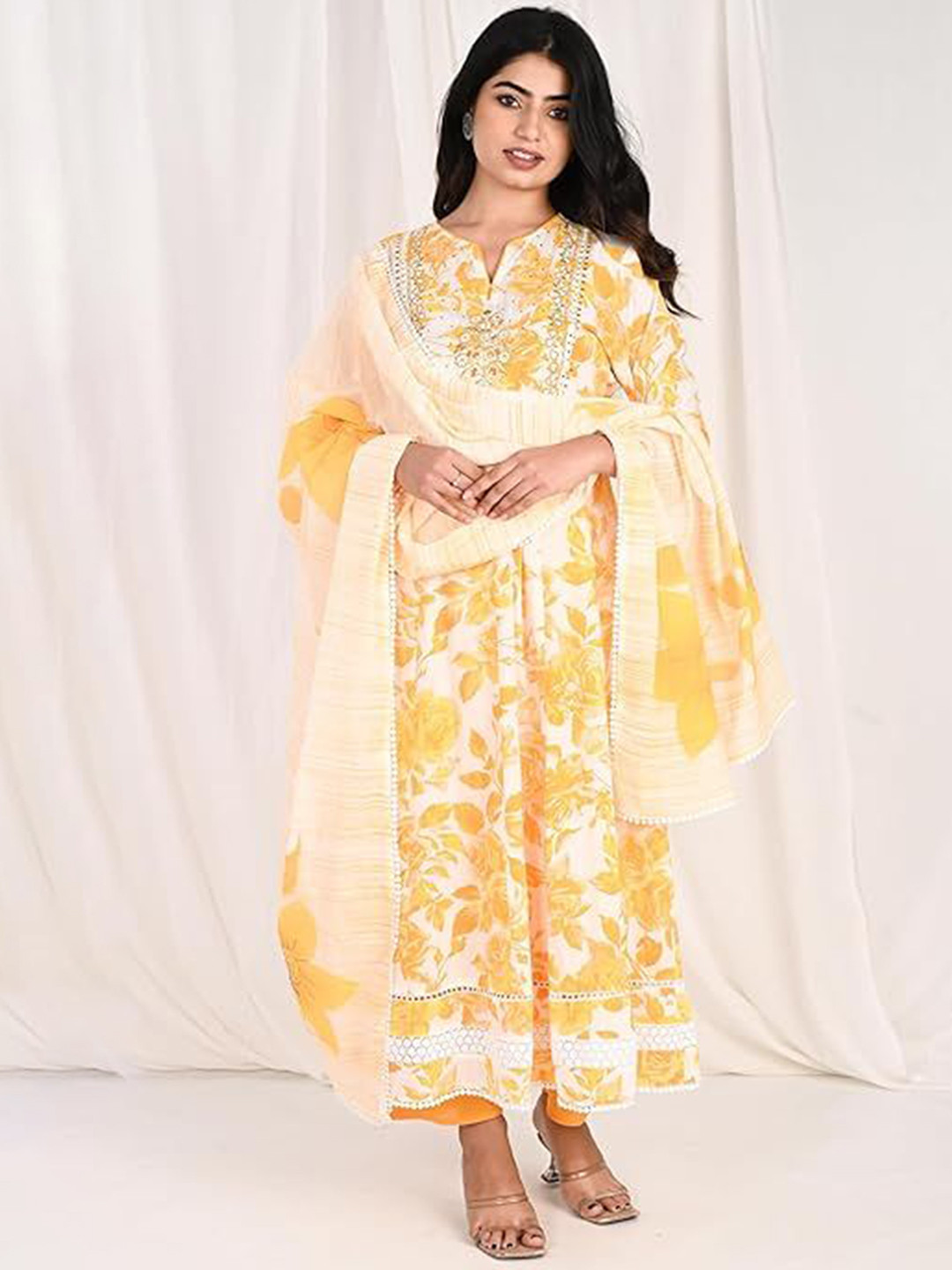 

Parth Fab Floral Printed Notch Neck Mirror Work Anarkali Kurta with Trousers & Dupatta, White