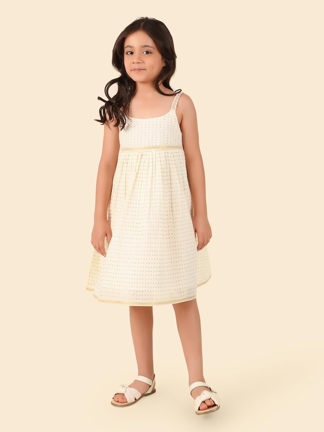 

Fabindia Kids-Girls Print Shoulder Straps A-Line Dress, Off white