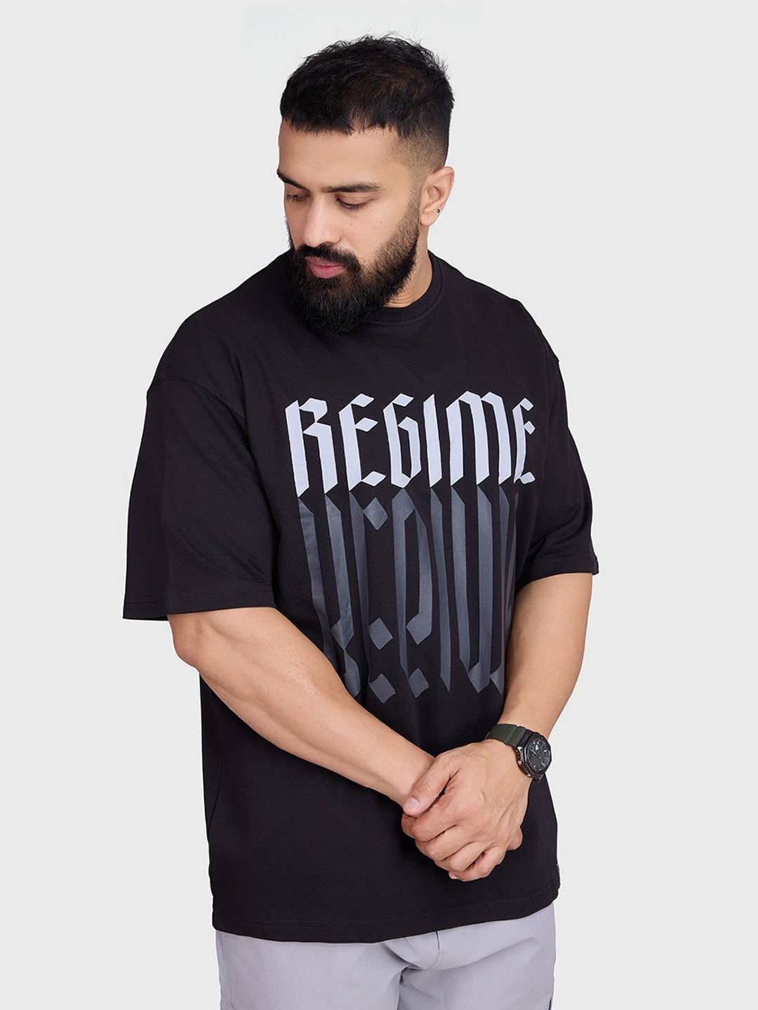 

FUAARK Men Typography Printed Round Neck Cotton Oversized T-shirt, Black