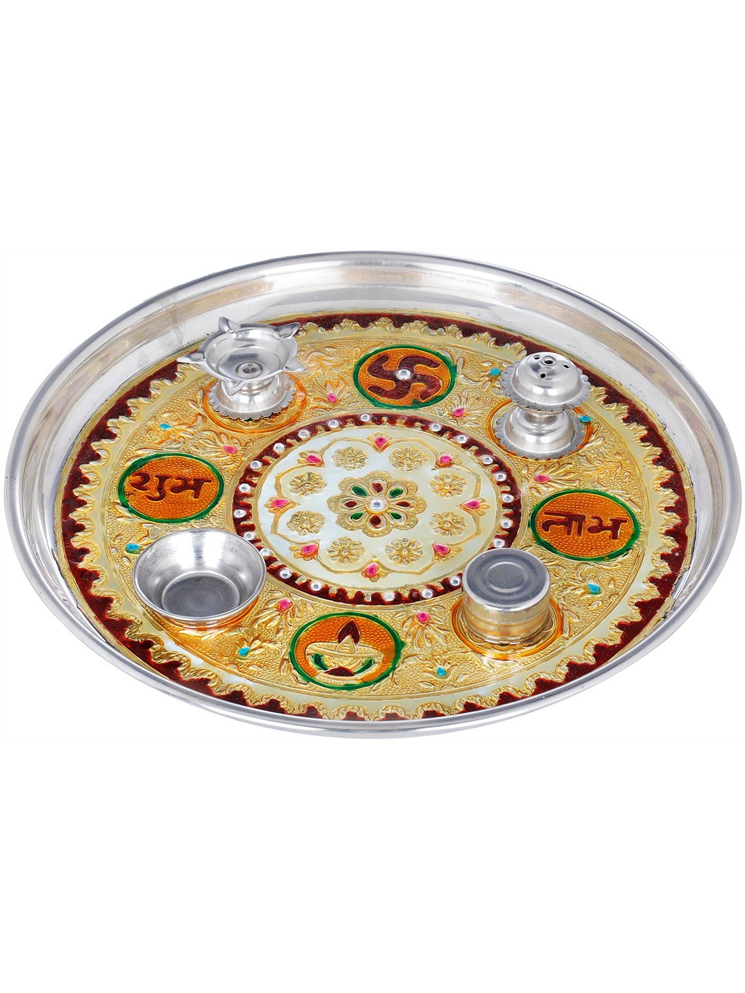 

Exotic India Colorfully Decorated Puja Thali, Silver