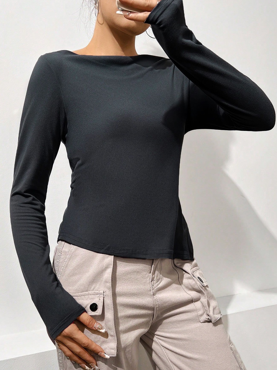

StyleCast Women Solid Round Neck Top, Black