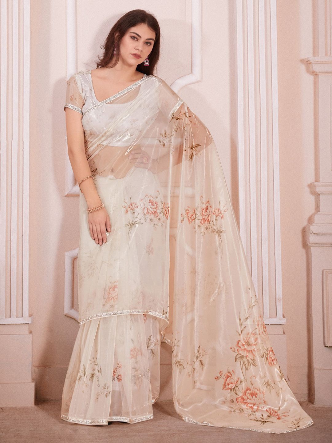 

Anouk Floral print Beads and Stones Embellished Saree with blouse piece, Cream