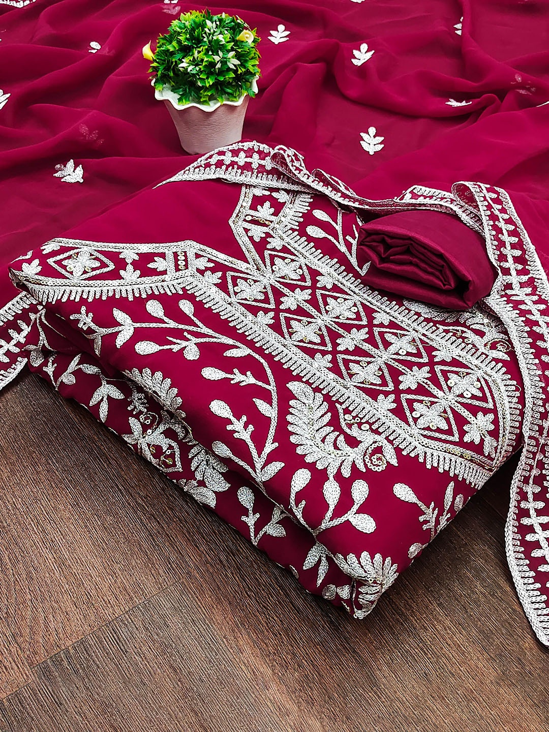 

MANVAA Embroidered Sequinned Unstitched Dress Material, Magenta