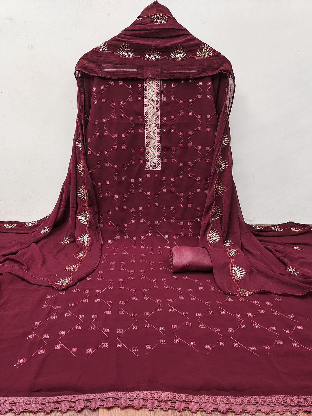 

MANVAA Floral Embellished Sequinned Unstitched Dress Material, Maroon