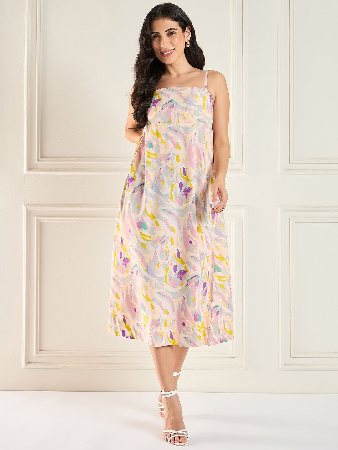 

MAGRE Printed Shoulder Straps A-Line Midi Dress, Pink