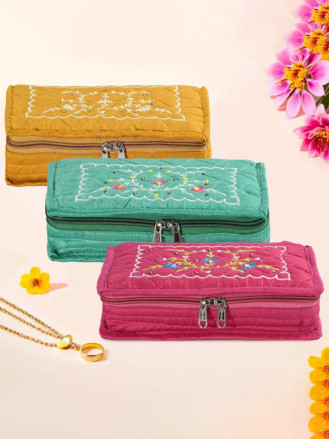

Kuber Industries Yellow & Green 3 Pieces Embroidery Jewellery Organisers