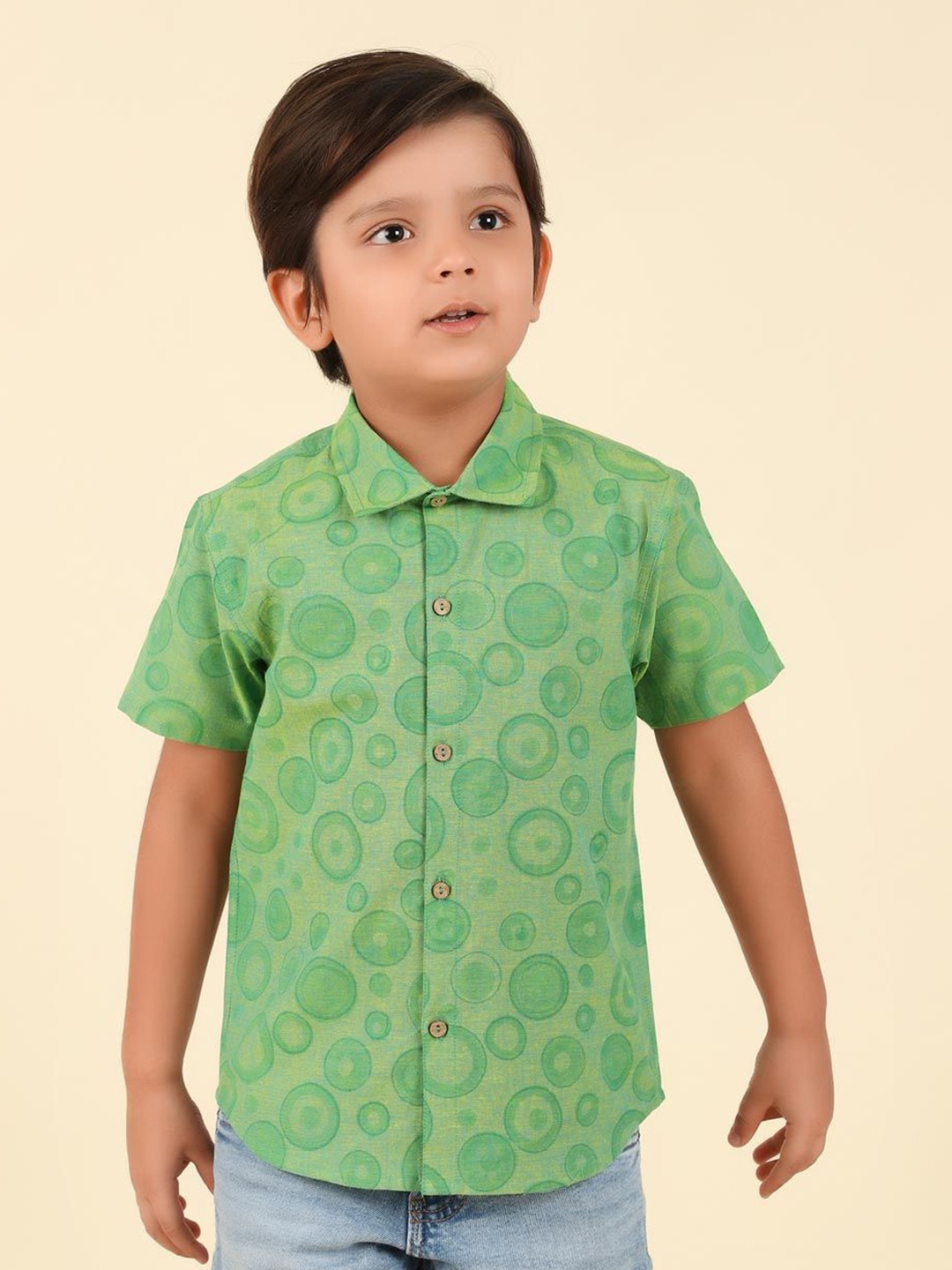 

Fabindia Boys Spread Collar Geometric Printed Cotton Casual Shirt, Green