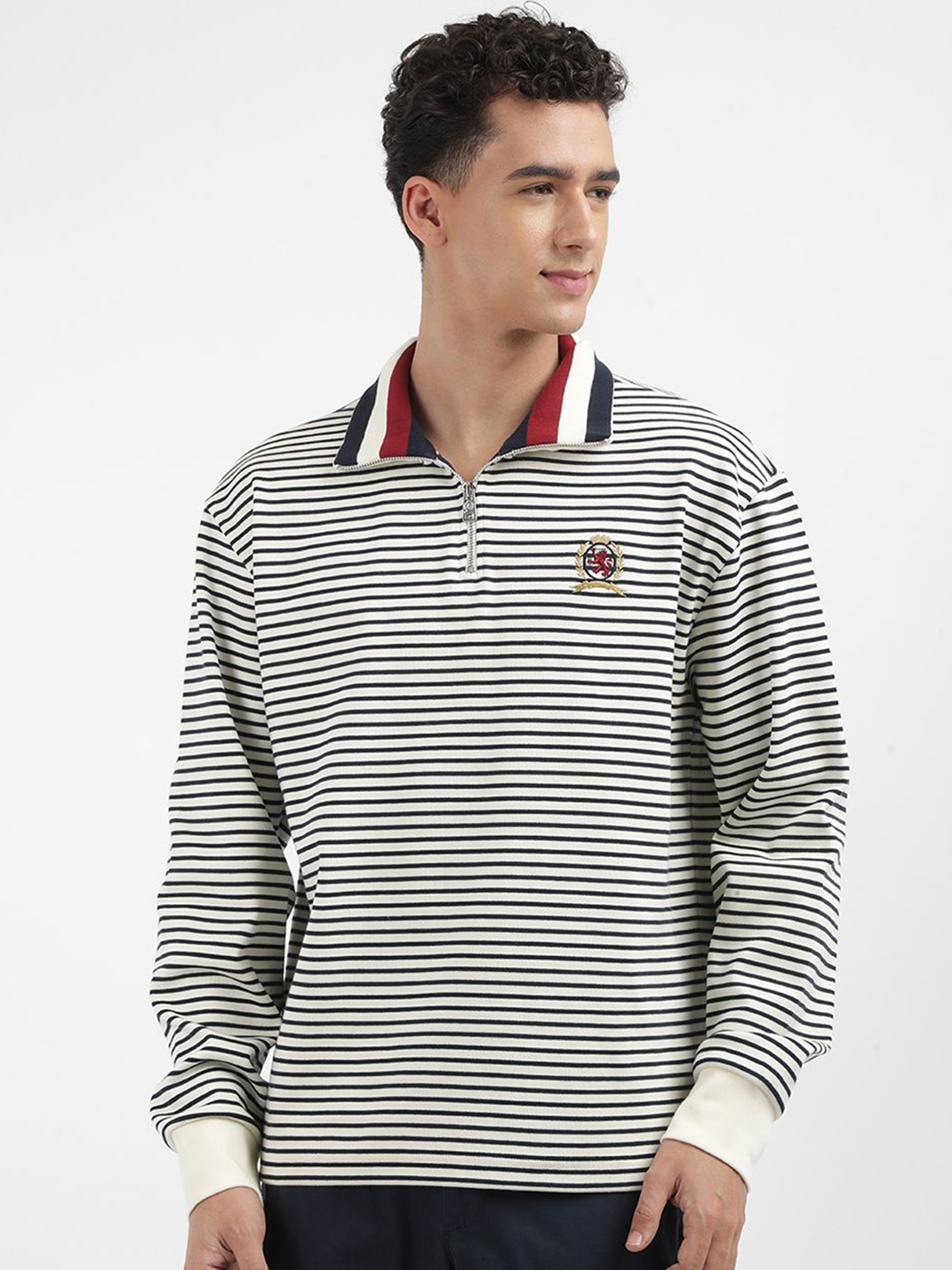 

Tommy Hilfiger Men Striped Shirt Collar Half Zip Sweatshirt, White